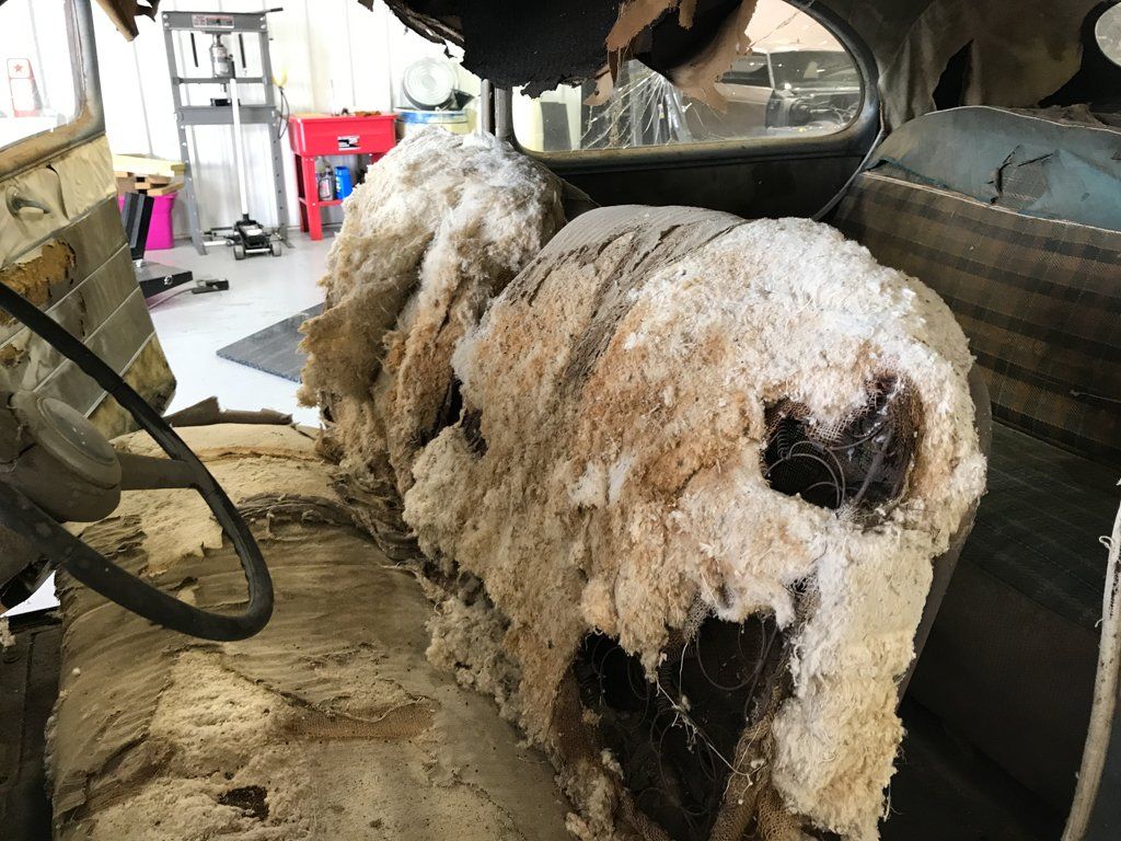 torn and decomposing car front car seats