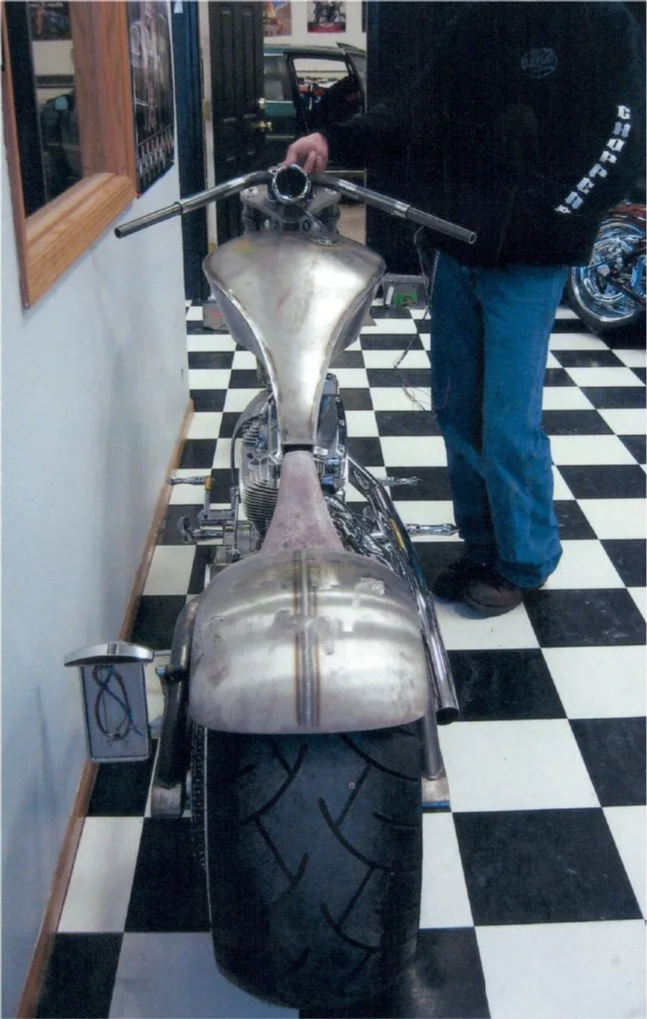 driver's view of chopper on checkered floor