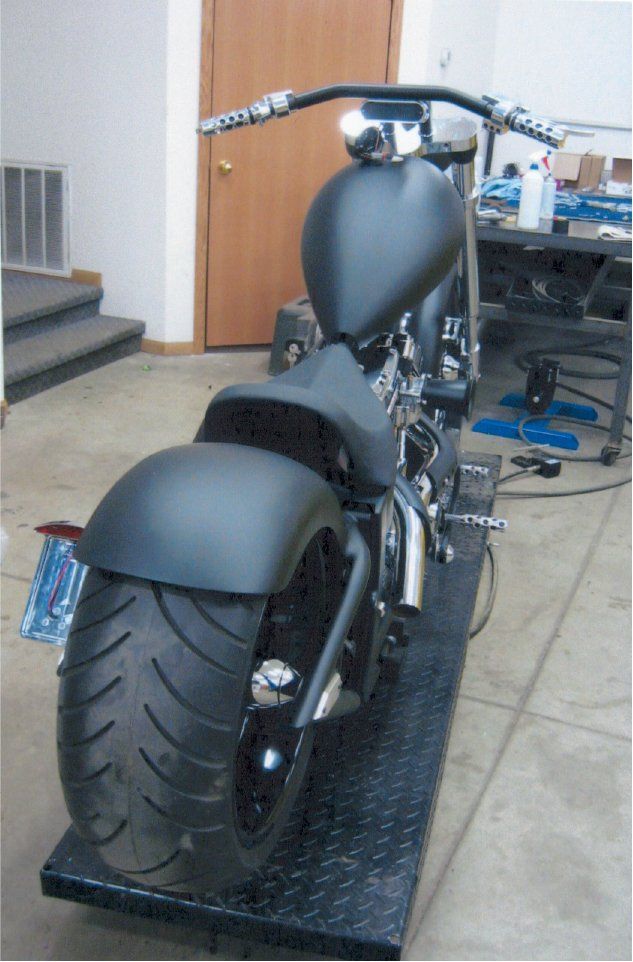 rear view of chopper on workbench