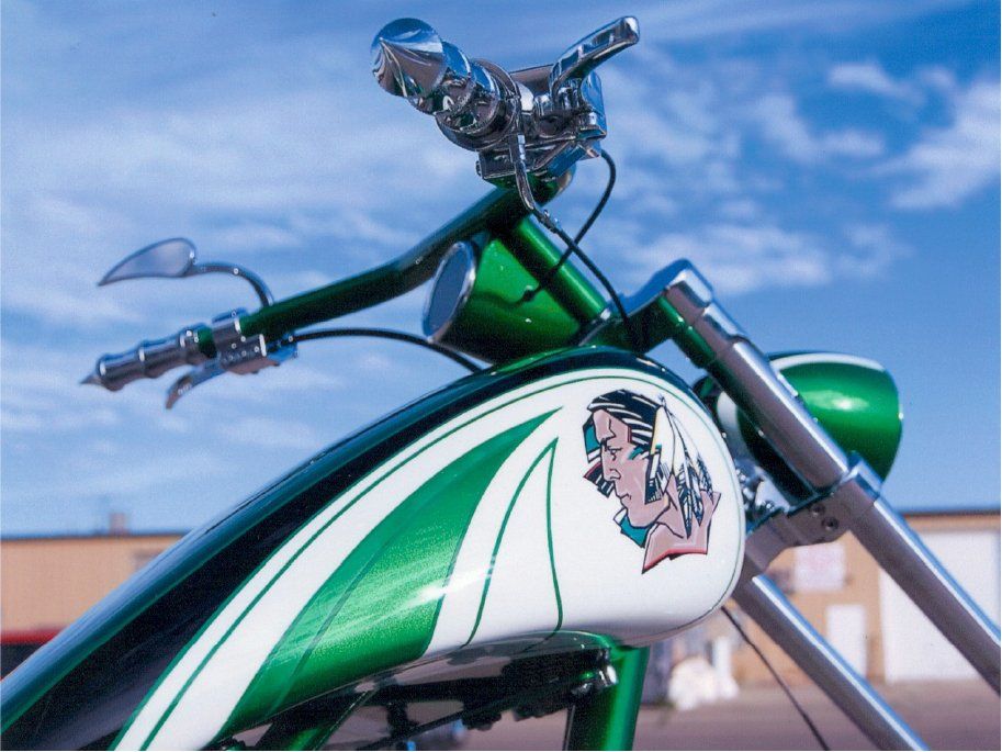 low view of fighting sioux artwork on side of fuel tank cover