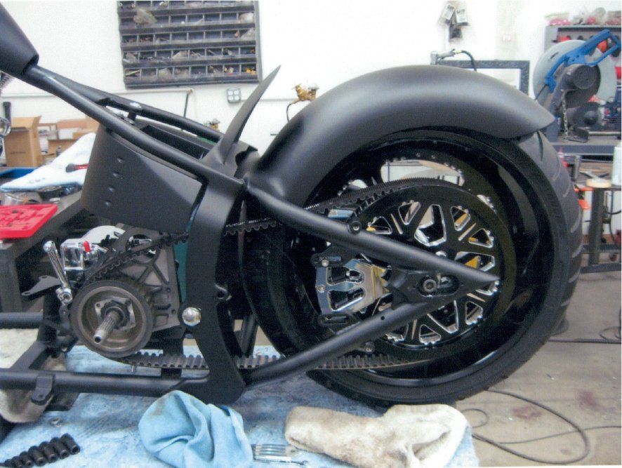 view of rear wheel fo customized chopper
