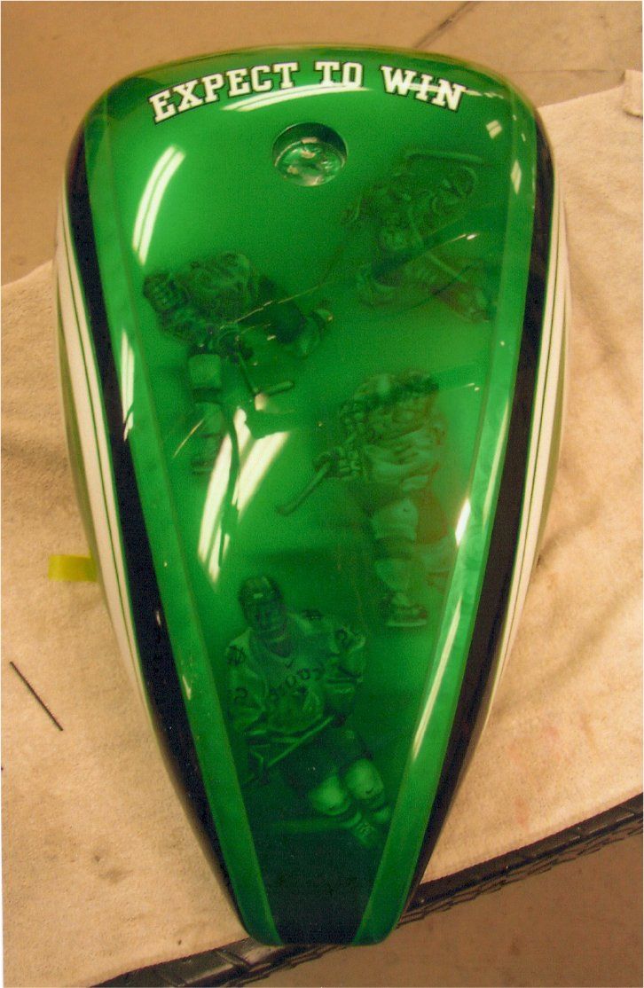 customized green chopper fuel tank cover with hockey player artwork