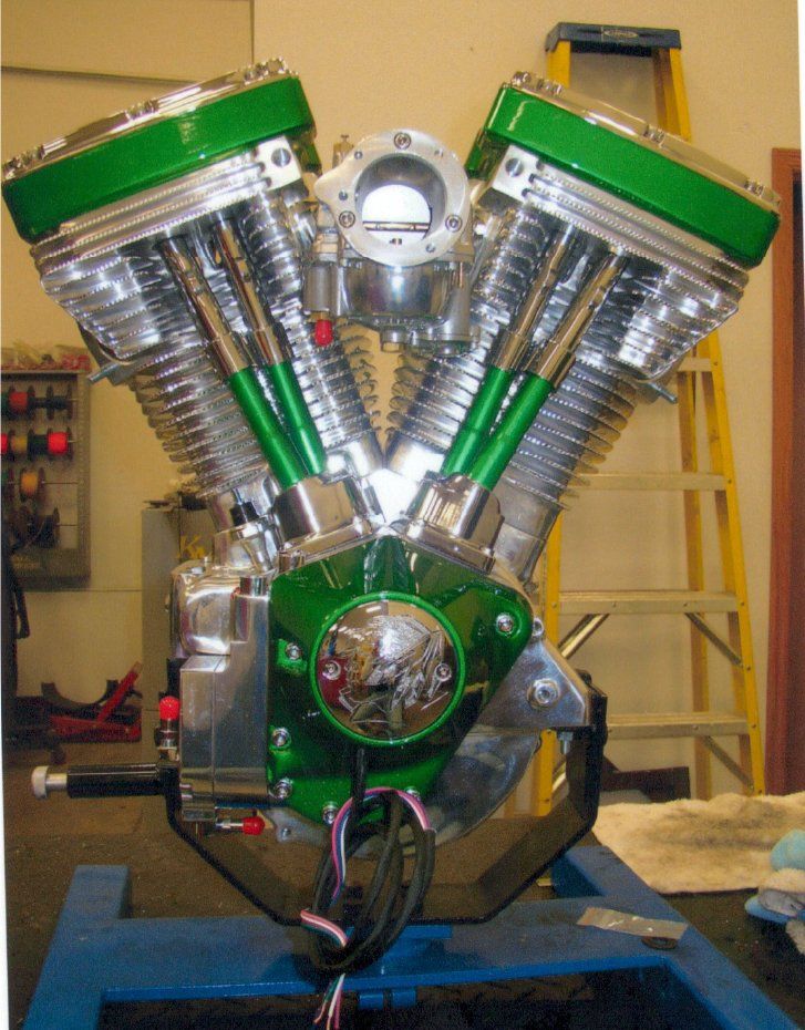 customized green chopper engine closeup