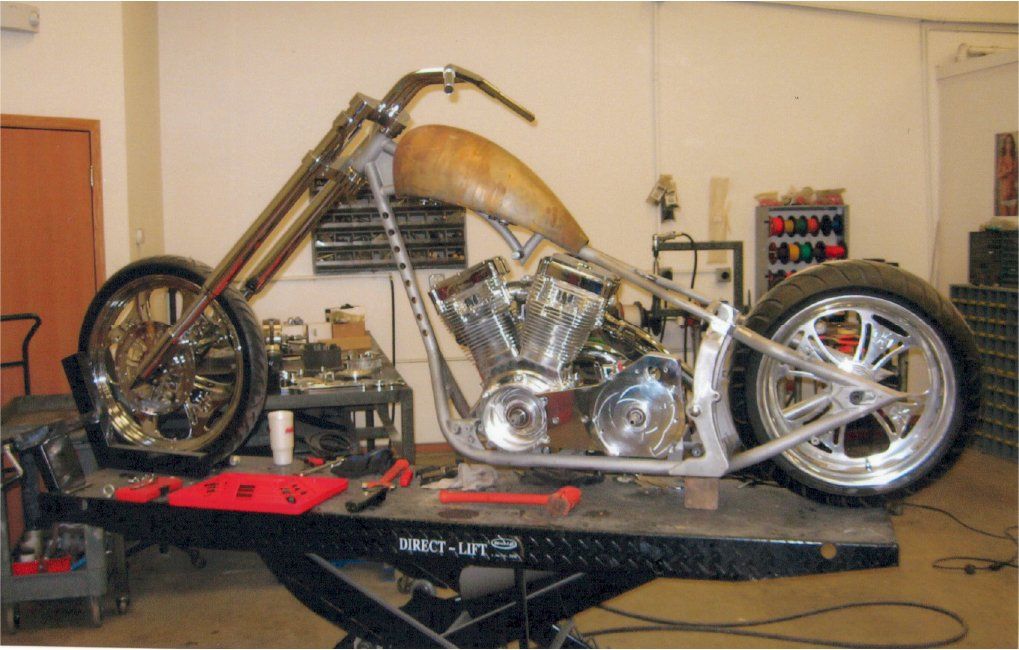 side view of chopper before customization on workbench