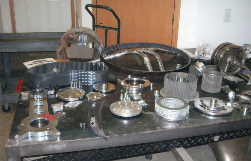 various chopper parts on workbench