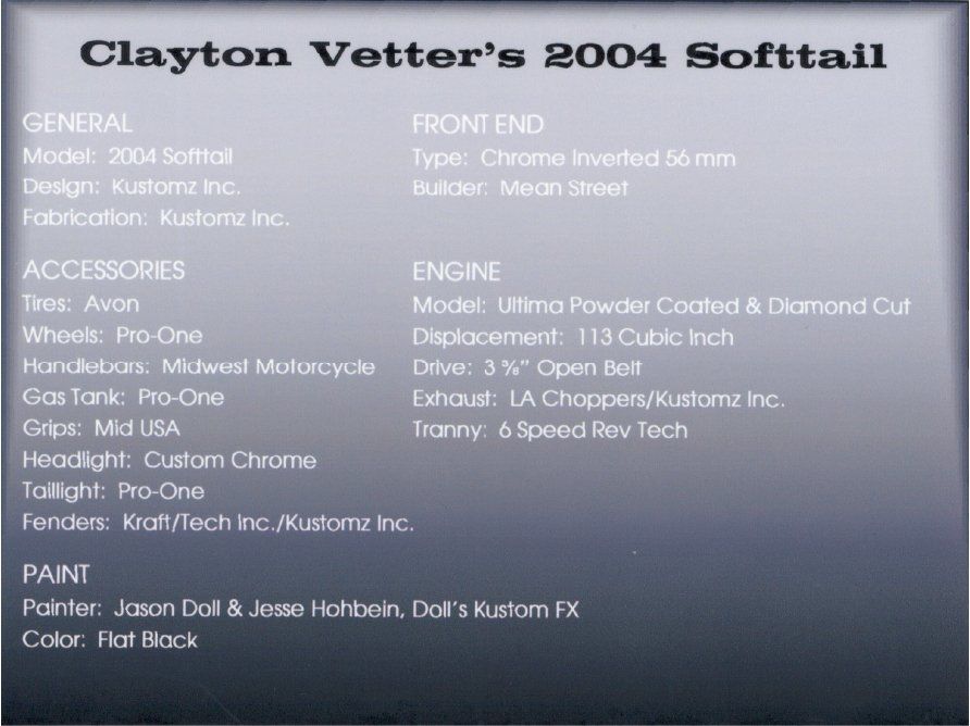 clayton vetter 2004 softtail information card