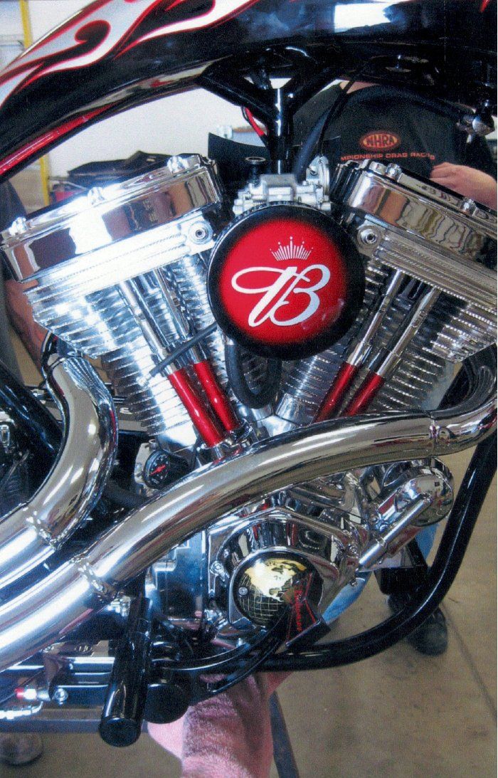 close up of budweiser logo built on chopper engine