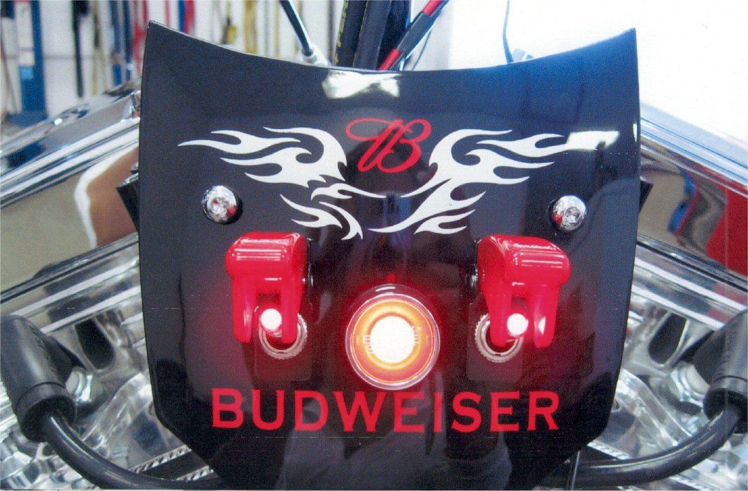 close up of budweiser art on chopper starter