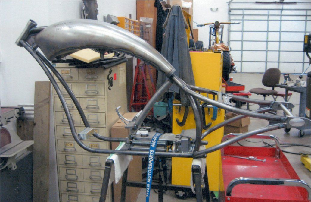 chopper frame with no paint on work bench