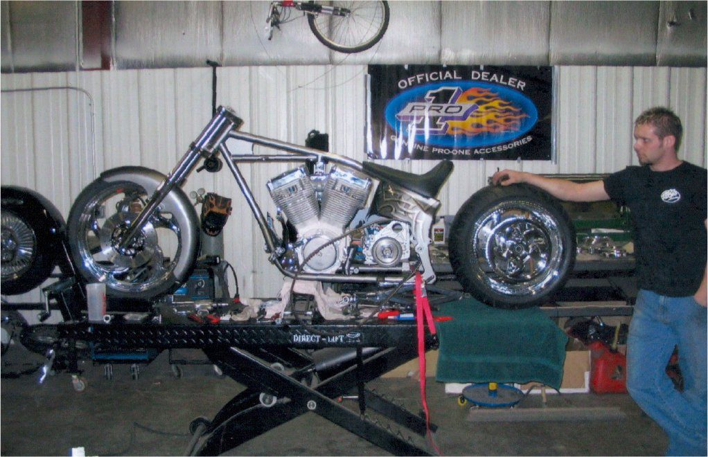 full side view of customized chopper with no handle bars