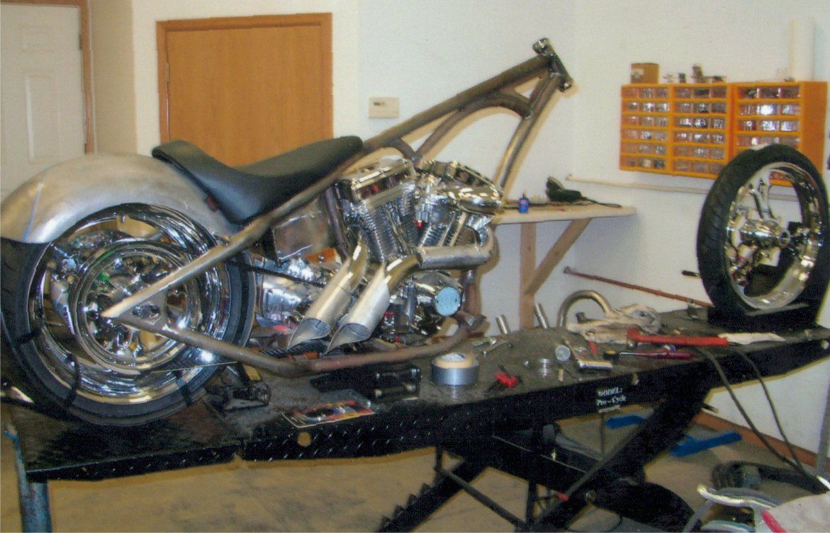 right side view of chopper before customization with no front wheel nor handle bar