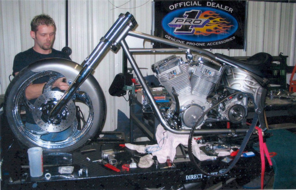 side view of customized chopper with no handle bars