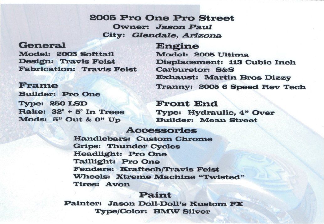 2005 pro one pro street information card