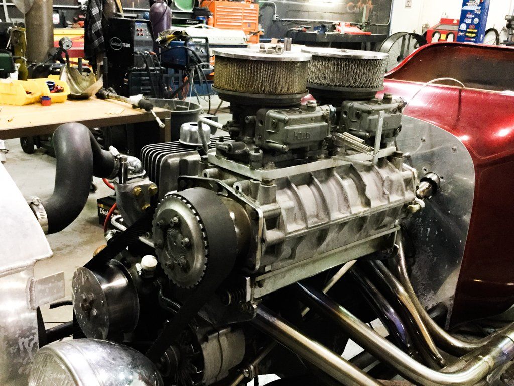 side view close up of engine and air filters