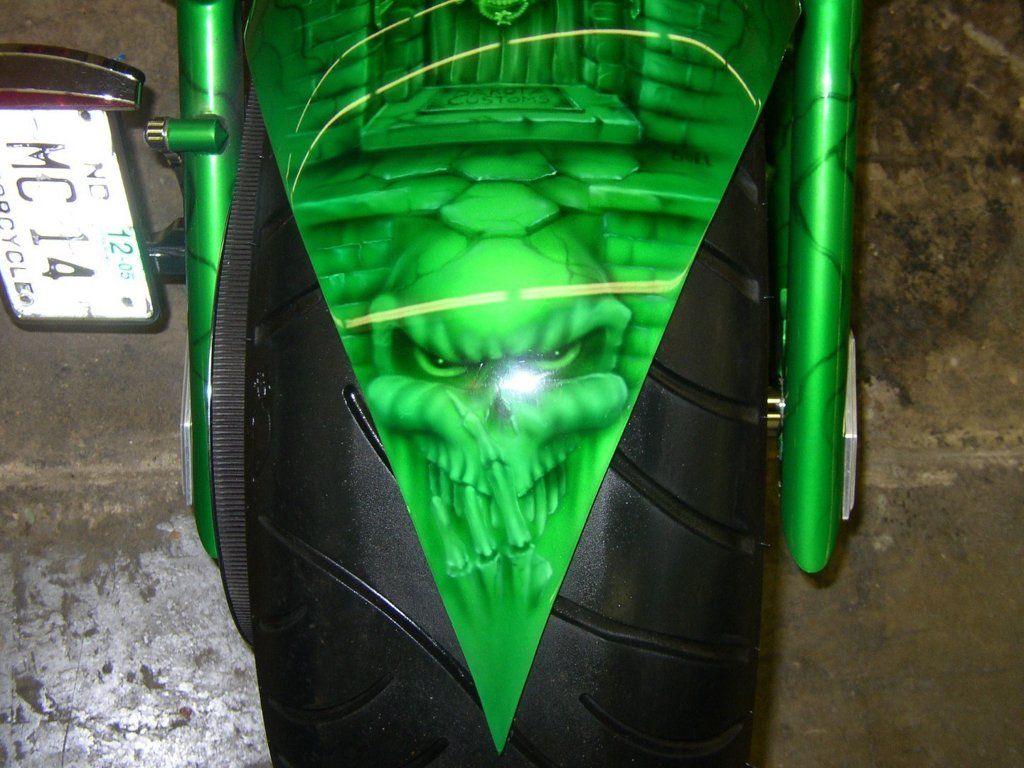 green chopper pointed rear fender design with skull art