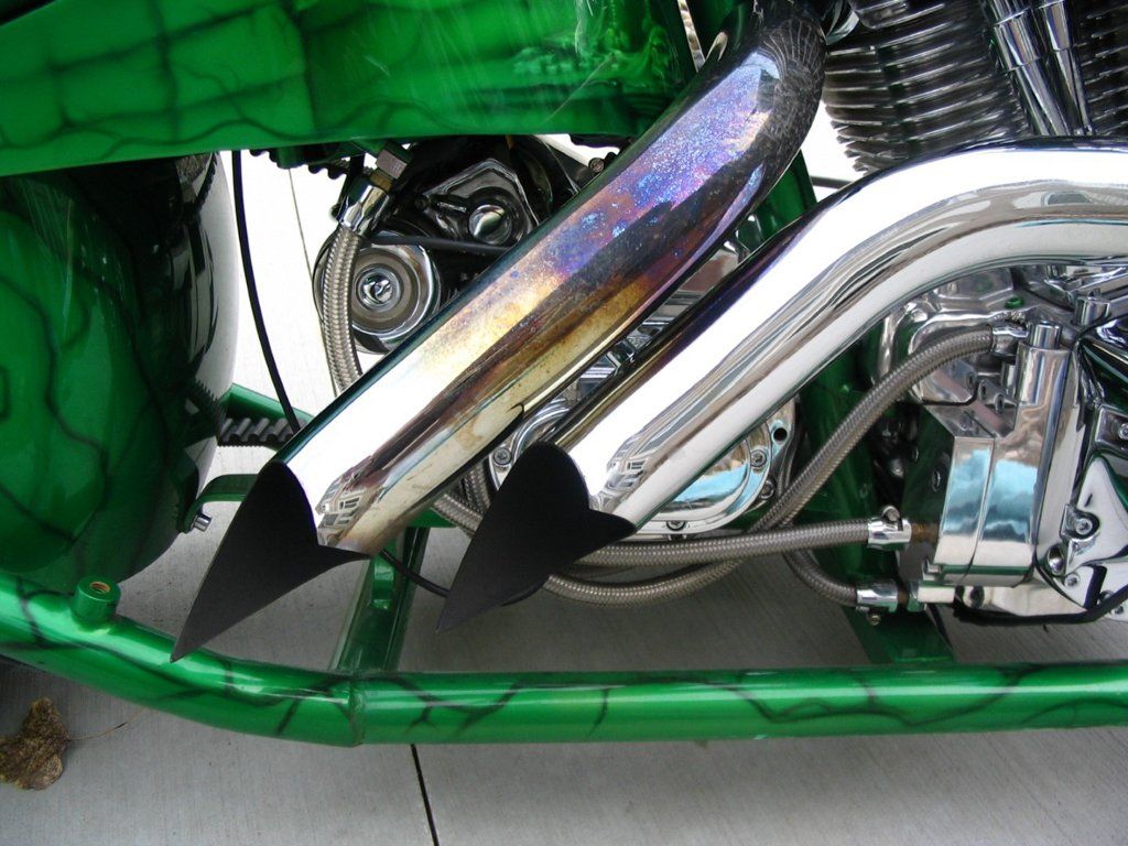 green motorcycle chopper chrome spike tail pipes