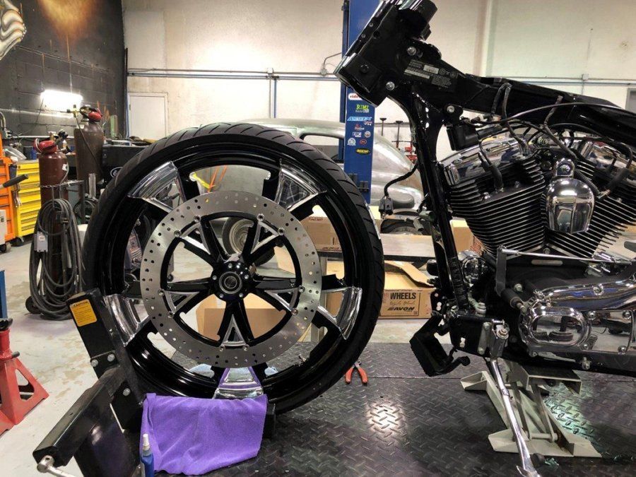 black chopper front wheel with microfiber cloth