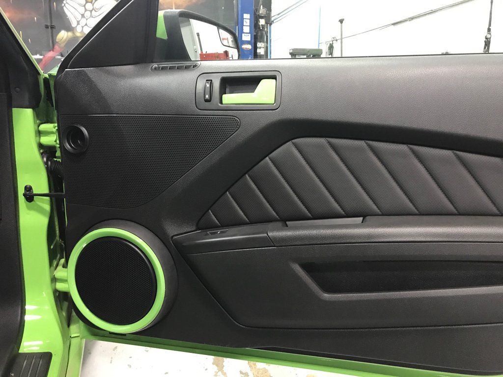 passenger side door with customized black speaker with green trim