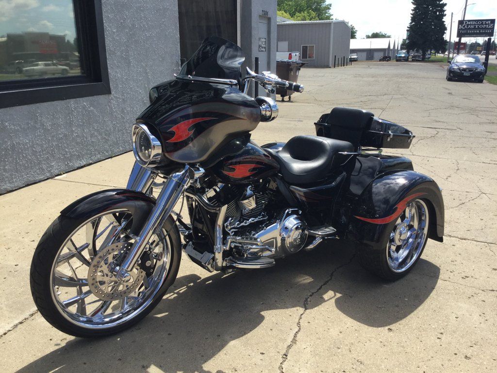 custom black with orange and red flame motorcycle chopper hd trike