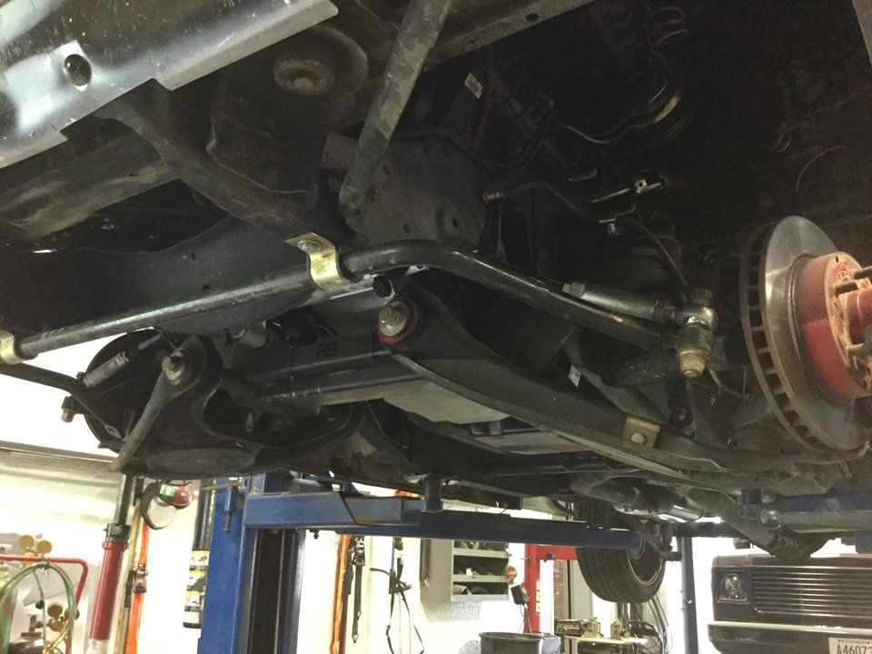 underside view of customized truck axel