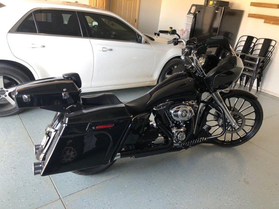 right side view of black custom chopper