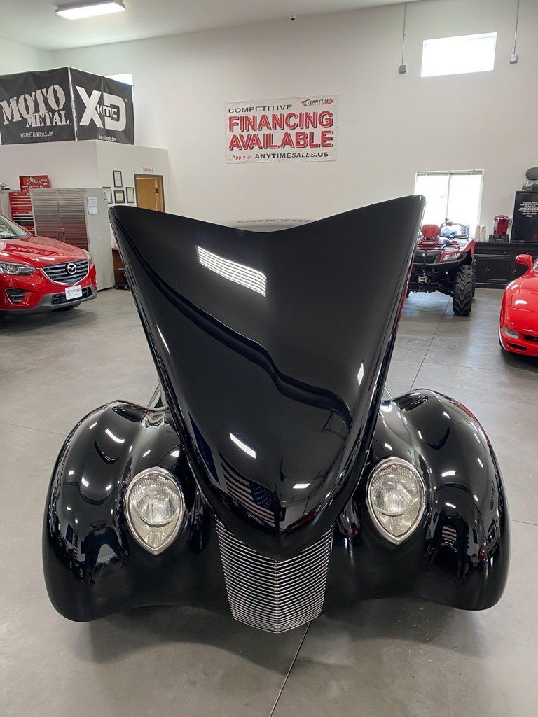 custom black 1937 ford tudor hot rod hood opened