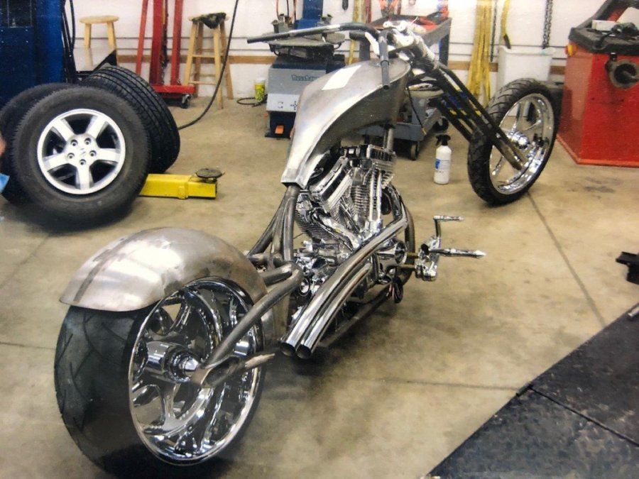 rear view of chopper in garage