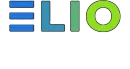 A blue and green elio logo on a white background