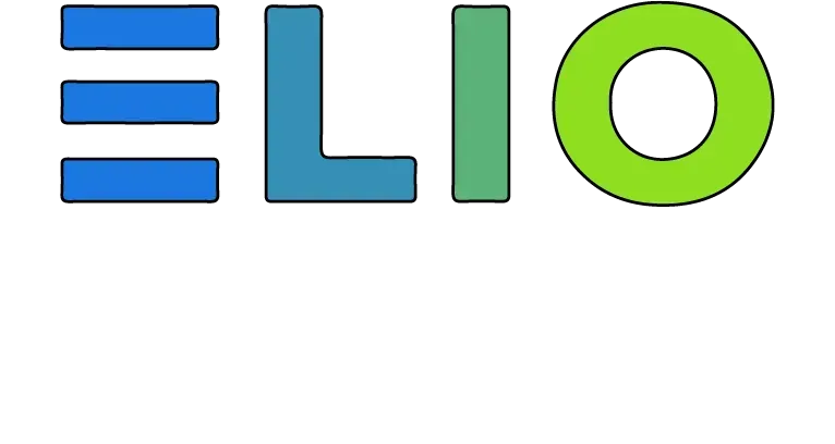 A blue and green elio logo on a white background