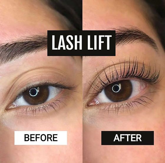 A before and after photo of a woman 's eye with a lash lift.