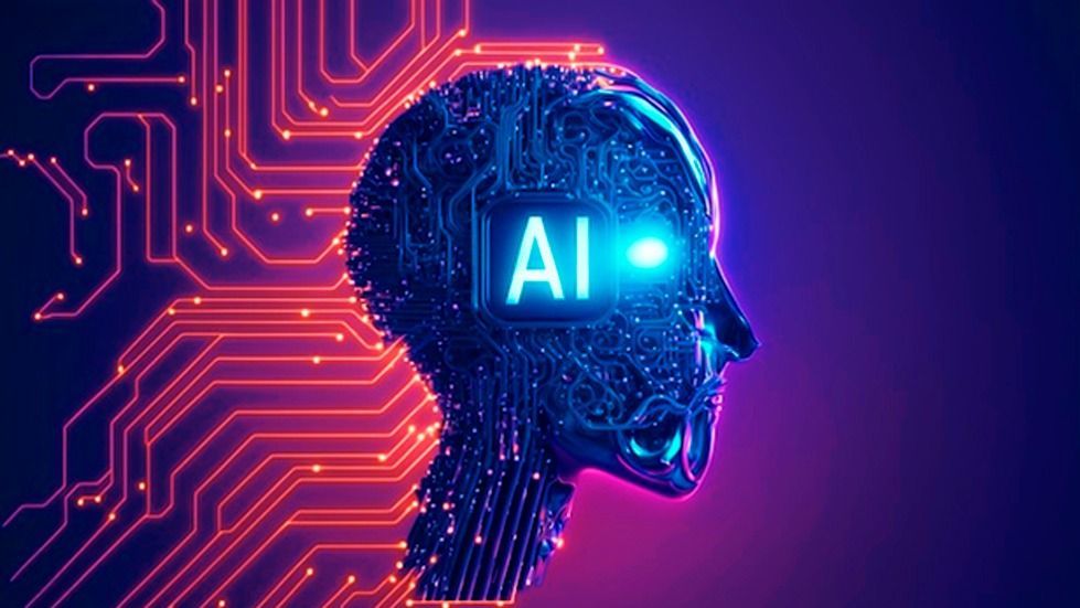 Silueta de una cabeza con un chip de IA brillante, contorno azul y fondo de circuito impreso rojo. La palabra 