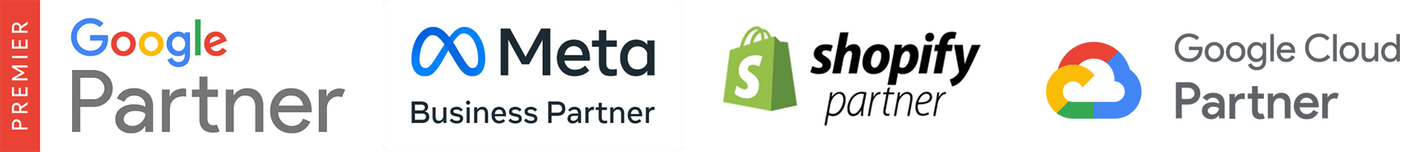 Logotipos para Google Partner, Meta Business Partner, Shopify Partner y Google Cloud Partner.