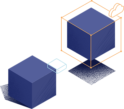 Dos cubos 3D azules; uno delineado por un cuadro naranja con un ícono de nube, el otro por un pequeño cuadro blanco.