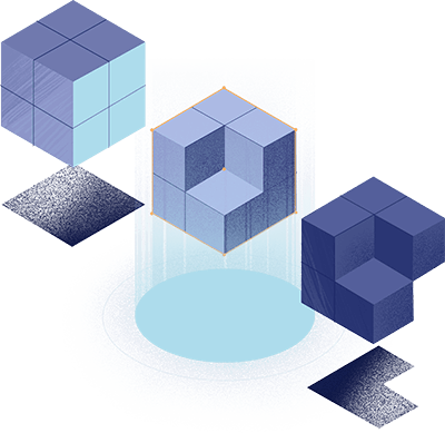 Tres cubos azules interconectados, con una sección removida de los cubos del medio y de la derecha, flotando sobre una plataforma circular de color azul claro.