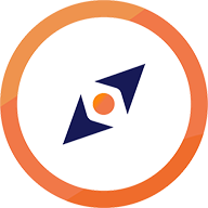 Icono de brújula con puntos de color azul oscuro y centro naranja, dentro de un círculo naranja.