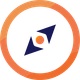 Icono de brújula con puntos de color azul oscuro y centro naranja, dentro de un círculo naranja.