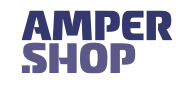 "AMPER SHOP" en texto azul oscuro y morado, apilado, sobre fondo blanco.