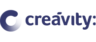 Logotipo de la palabra “creāvity:” con una “C” azul y un degradado.
