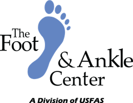 Logo for The Foot & Ankle Center, with blue footprint and black text. "A Division of USFAS" at the bottom.