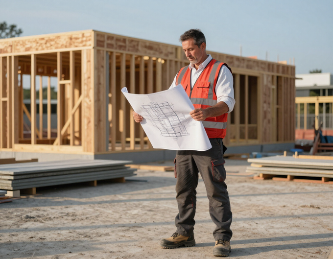 LBP Construction contractor reviewing blueprints on site