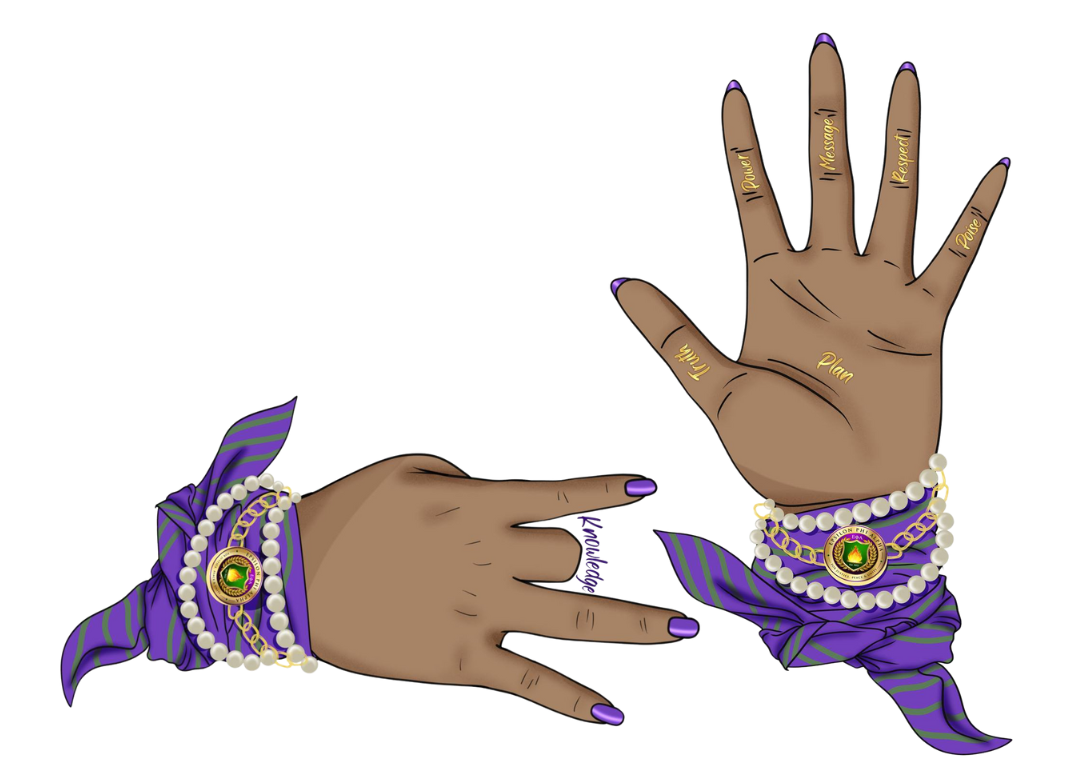 A drawing of two hands wearing purple bracelets