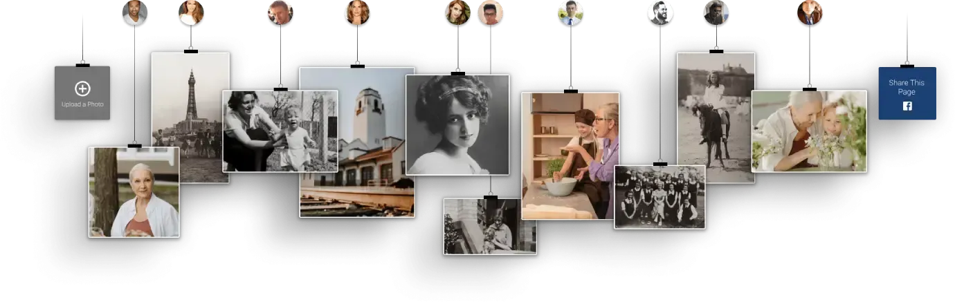 A hanging photo collage of black-and-white and color images clipped to a string with small lights.