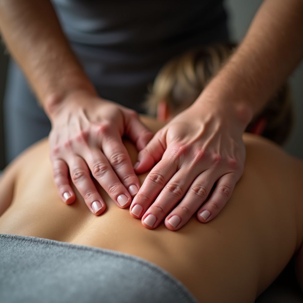Hands giving a back massage on a person lying face down.