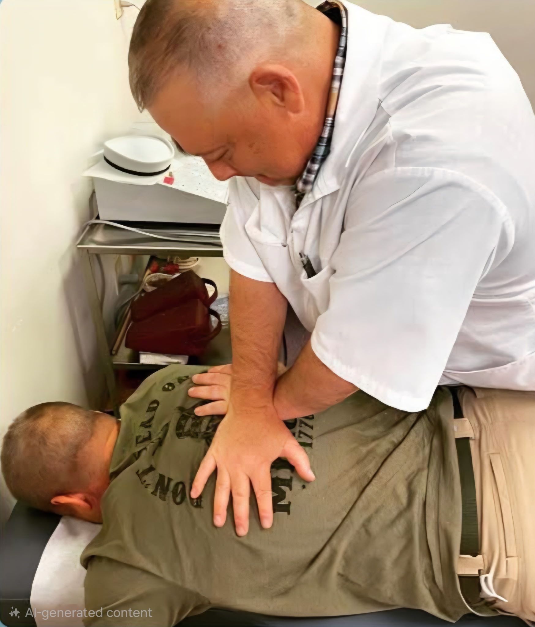 Doctor adjusting a patient's back on a treatment table. The doctor wears a white coat, and the patient wears a green shirt.