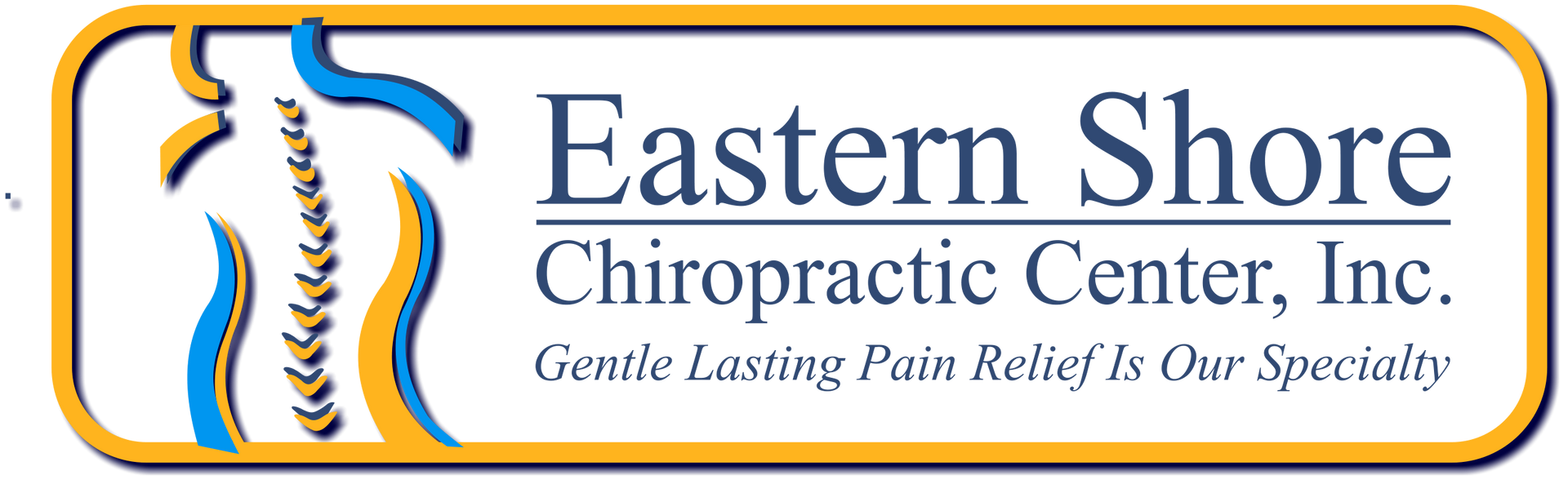 Logo for Eastern Shore Chiropractic Center, Inc. with spine icon, blue and yellow accents, and gold border.