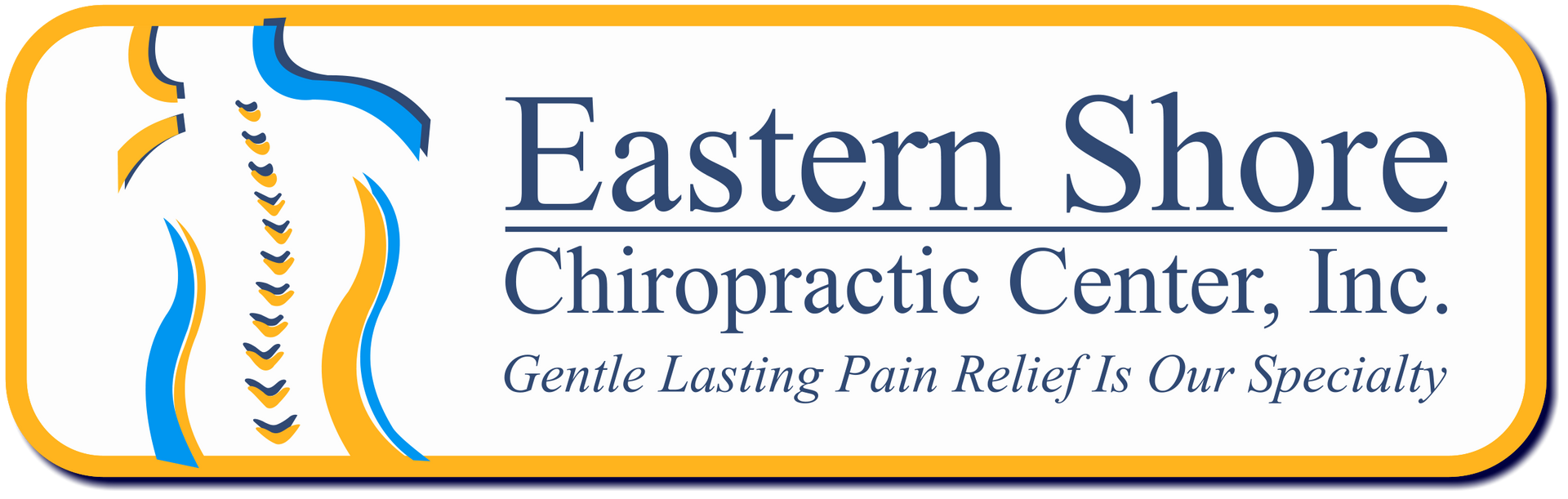 Logo for Eastern Shore Chiropractic Center, Inc. featuring a spine graphic in blue and gold. Text includes name and tagline.