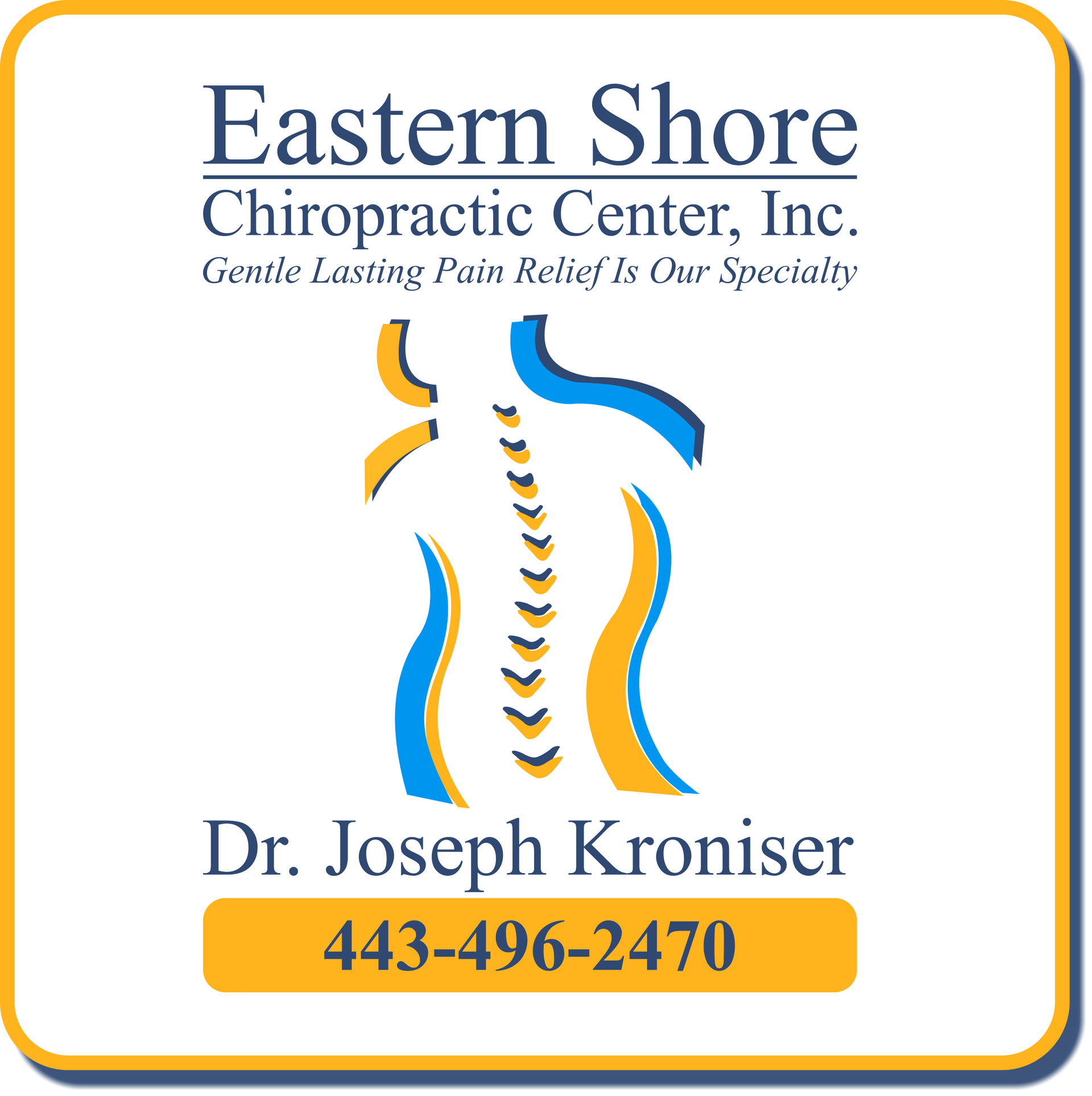Logo for Eastern Shore Chiropractic Center with stylized spine graphic and phone number.