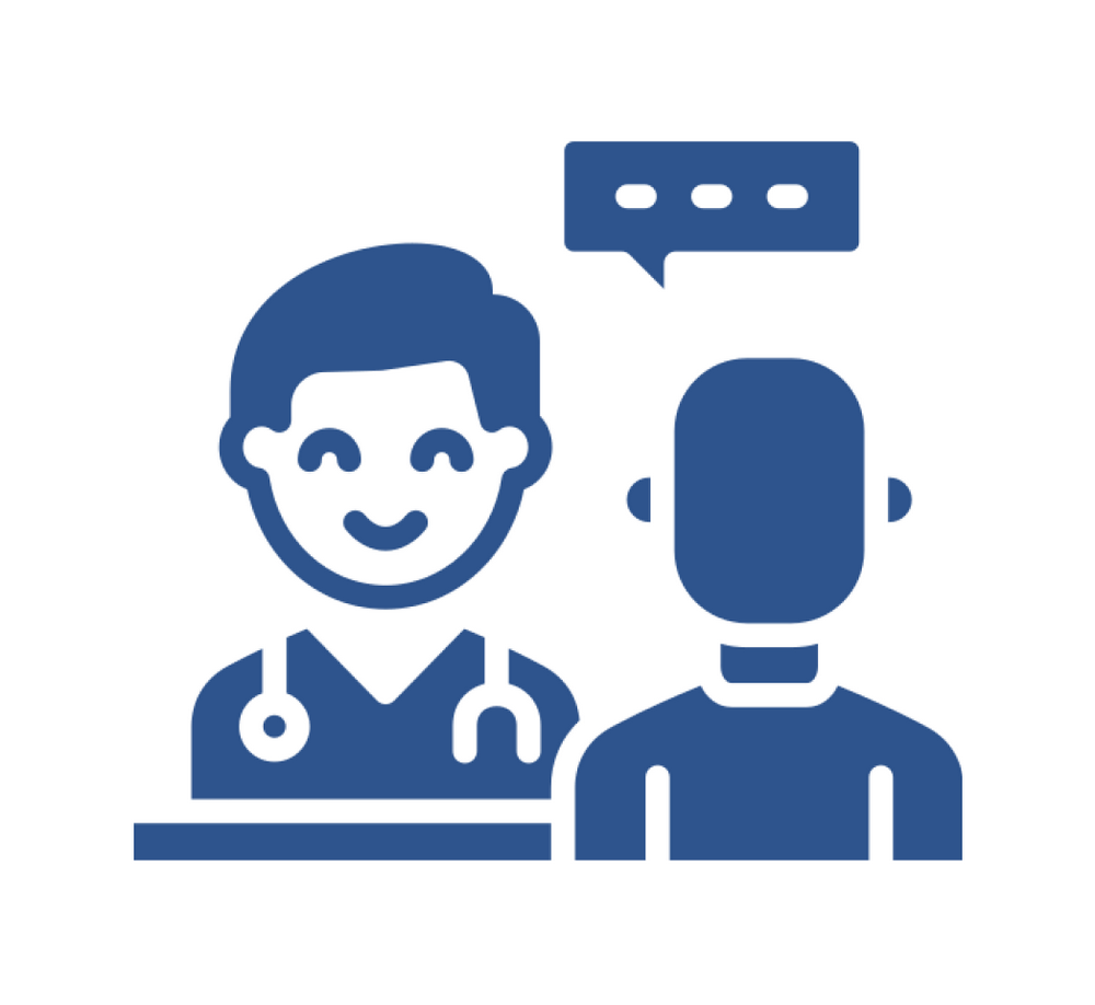 Doctor consulting with a patient; the doctor has a stethoscope and a speech bubble above.