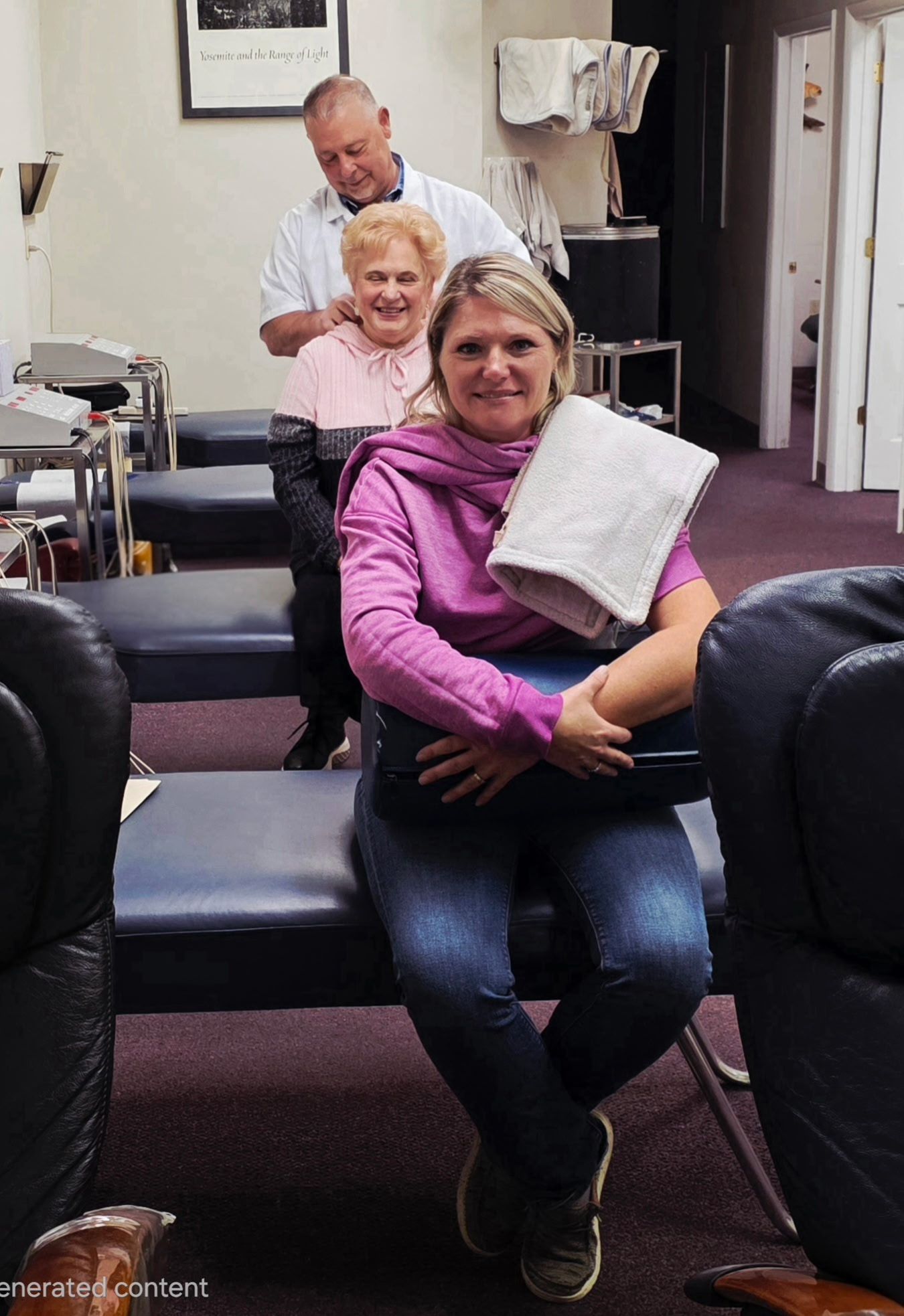Woman sits for chiropractic adjustment; two others behind. White coat. Purple, pink clothing. Dark tables.