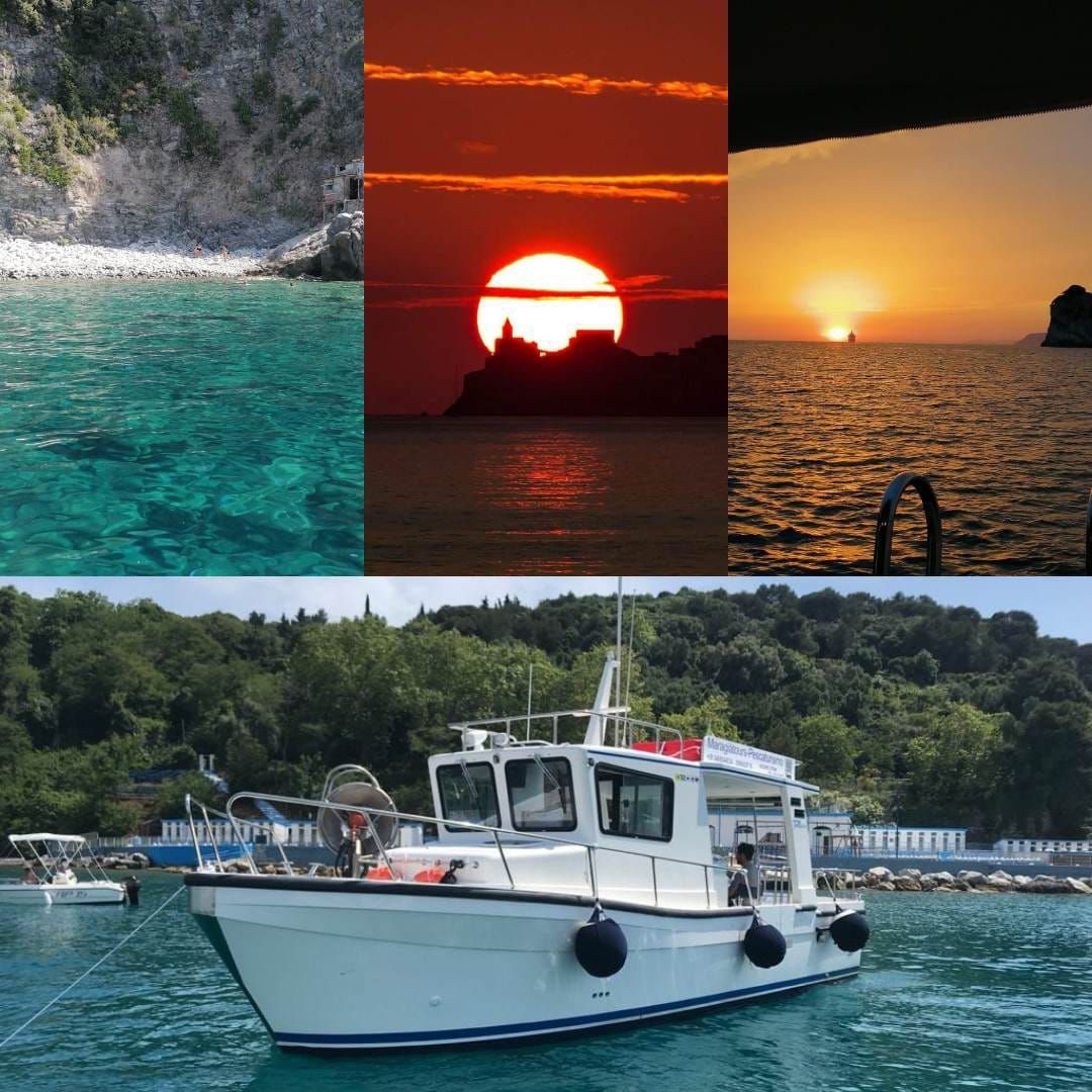 Un collage di immagini mostra una barca in acqua al tramonto